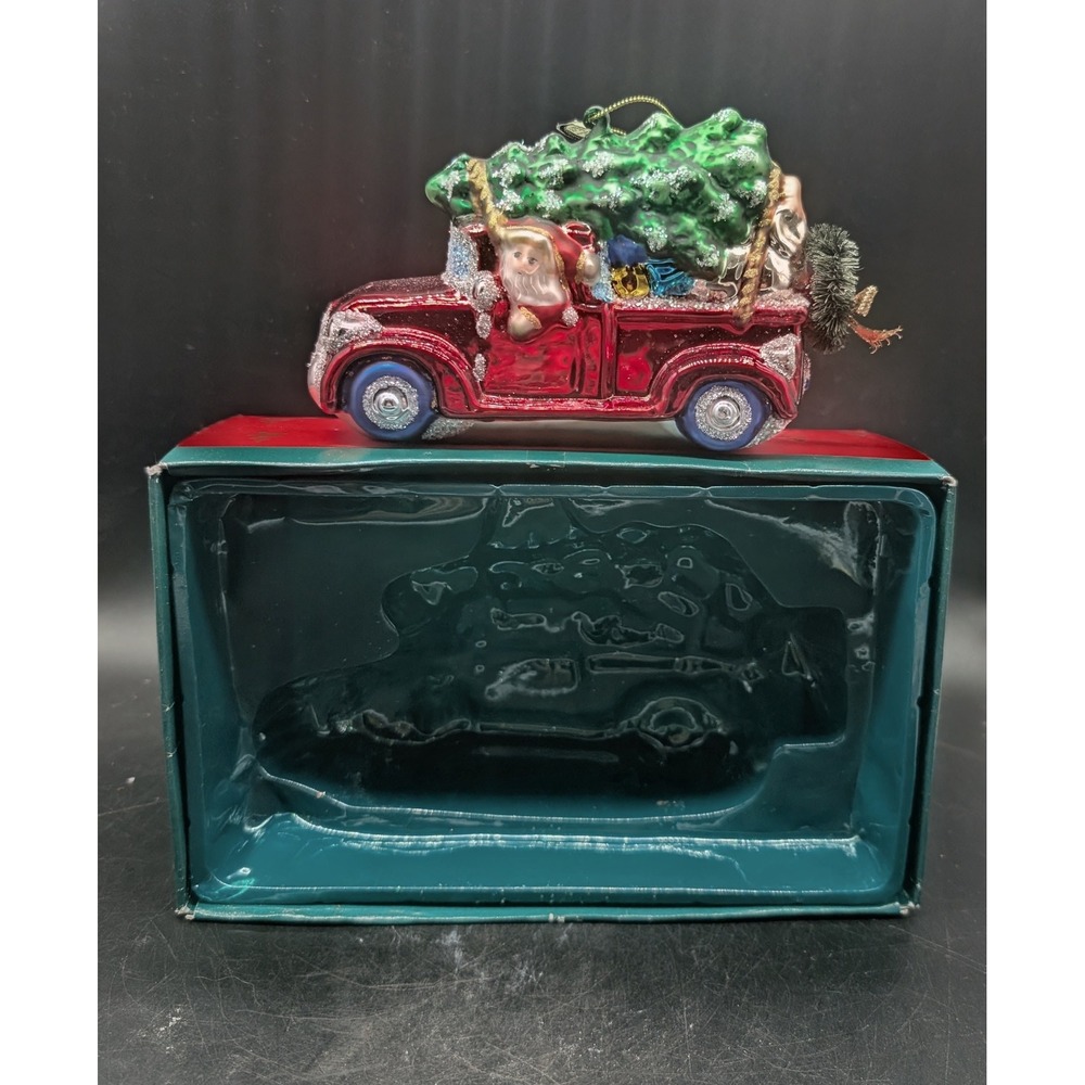 Vintage Red Glass Pickup Truck Santa Christmas Ornament with Box